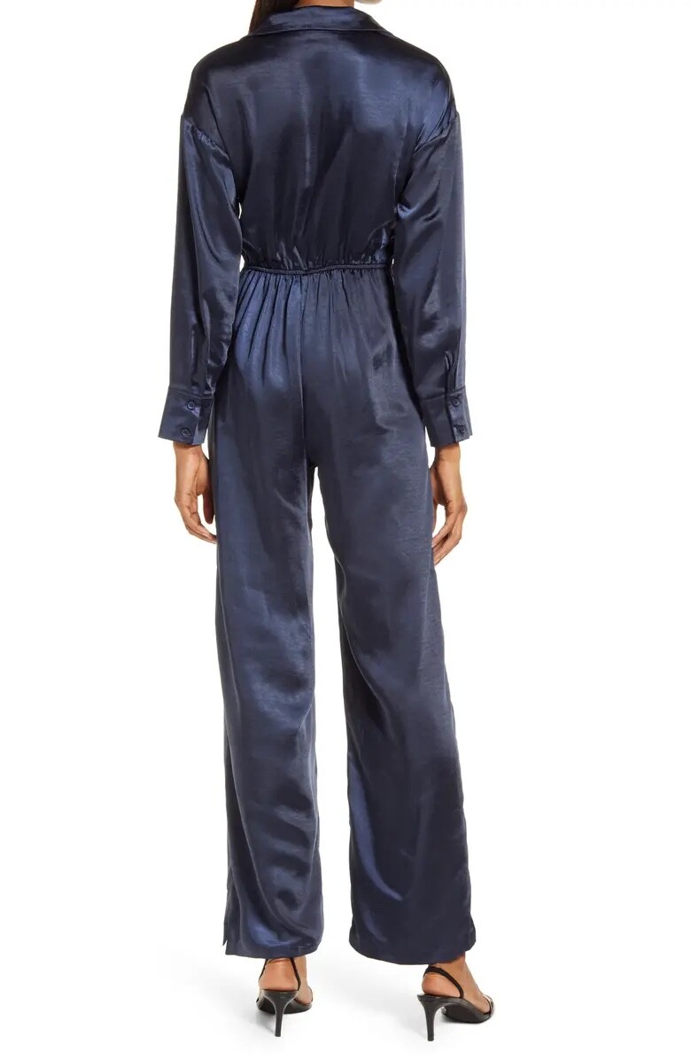 4th & Reckless Alexander Belted Long Sleeve Satin Jumpsuit SZ S Navy