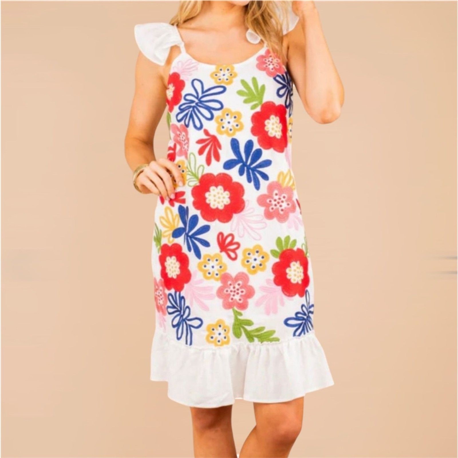 Andree by Unit Shift Dress Ivory M Linen Cotton Floral Embroidered Flutter NEW