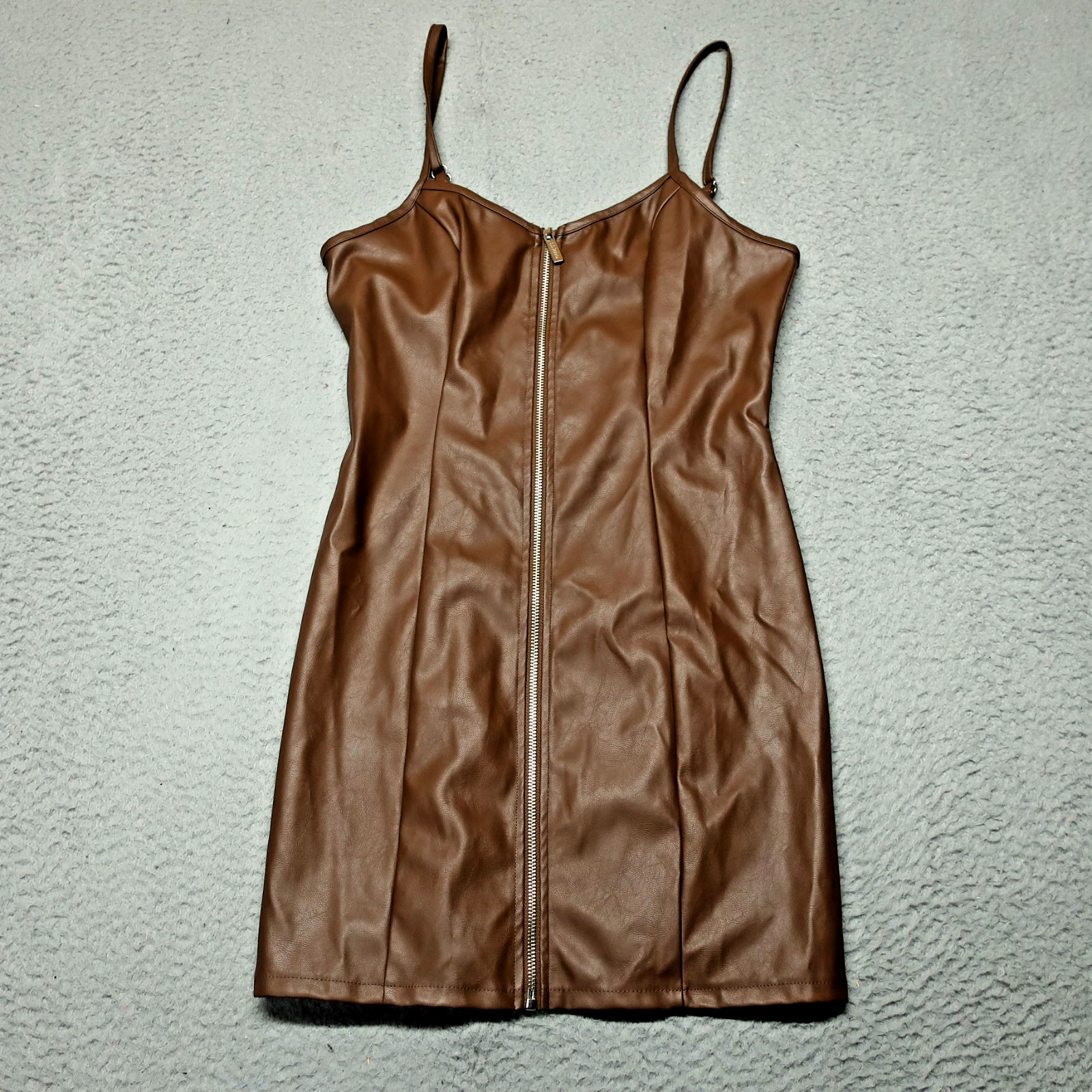 Guess Mini Janelle Dress Womens M Brown Faux Leather Spaghetti Strap Zipper NWT