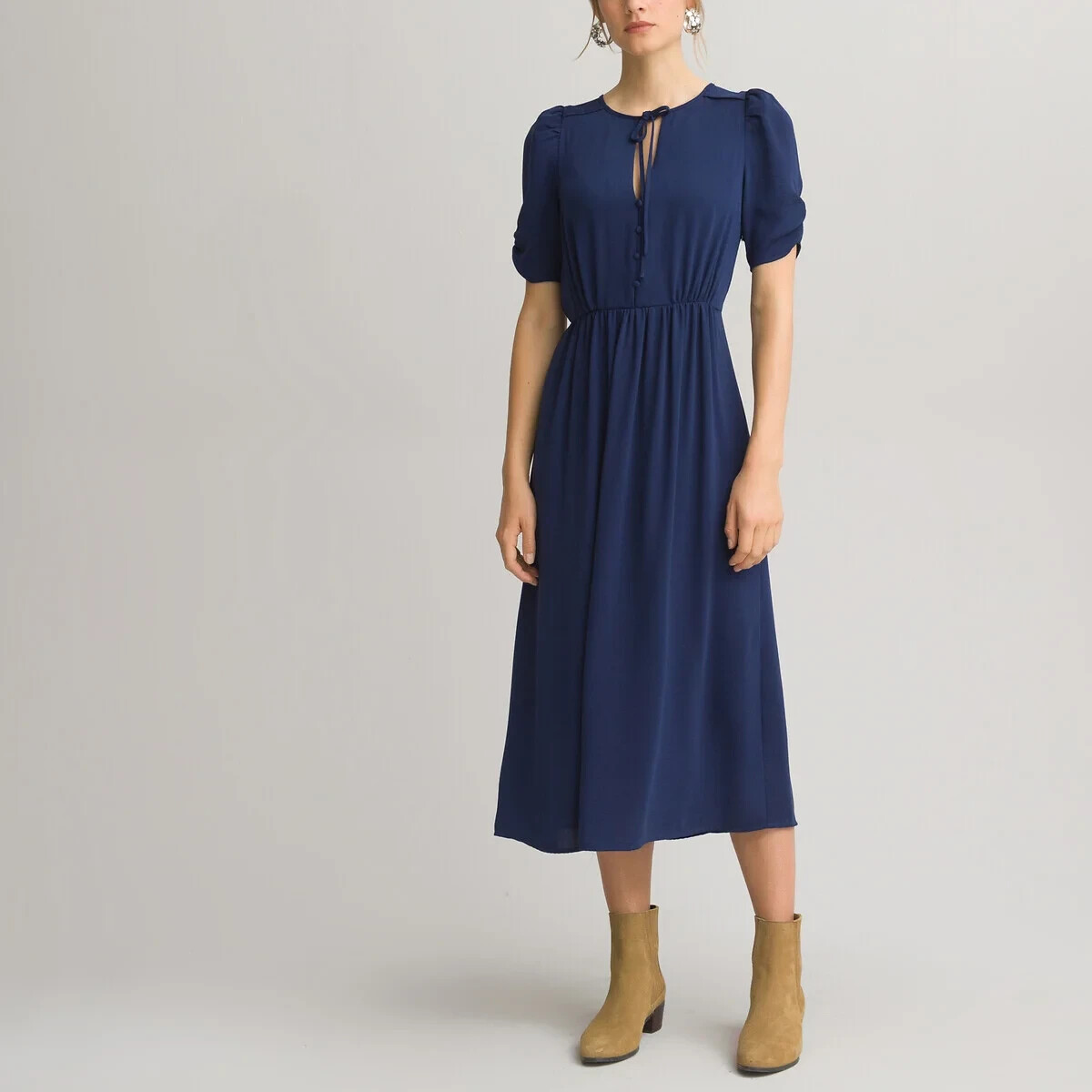 La Redoute Navy V-Neck Midi Dress Size 12 Short Puff Sleeves Draping RRP £52
