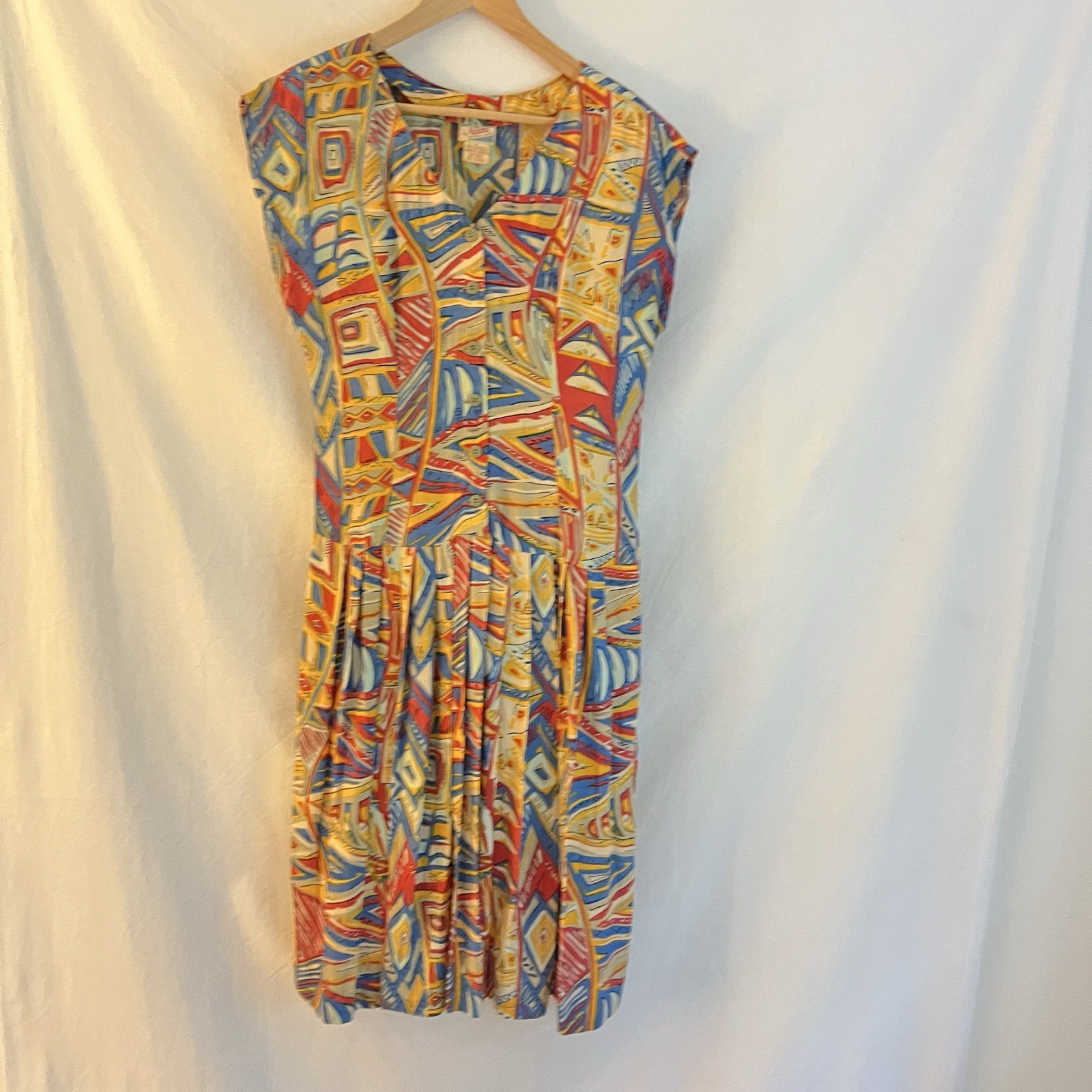 Vintage Adini Abstract Geometric Rayon Midi Dress Made India L Colorful 90s
