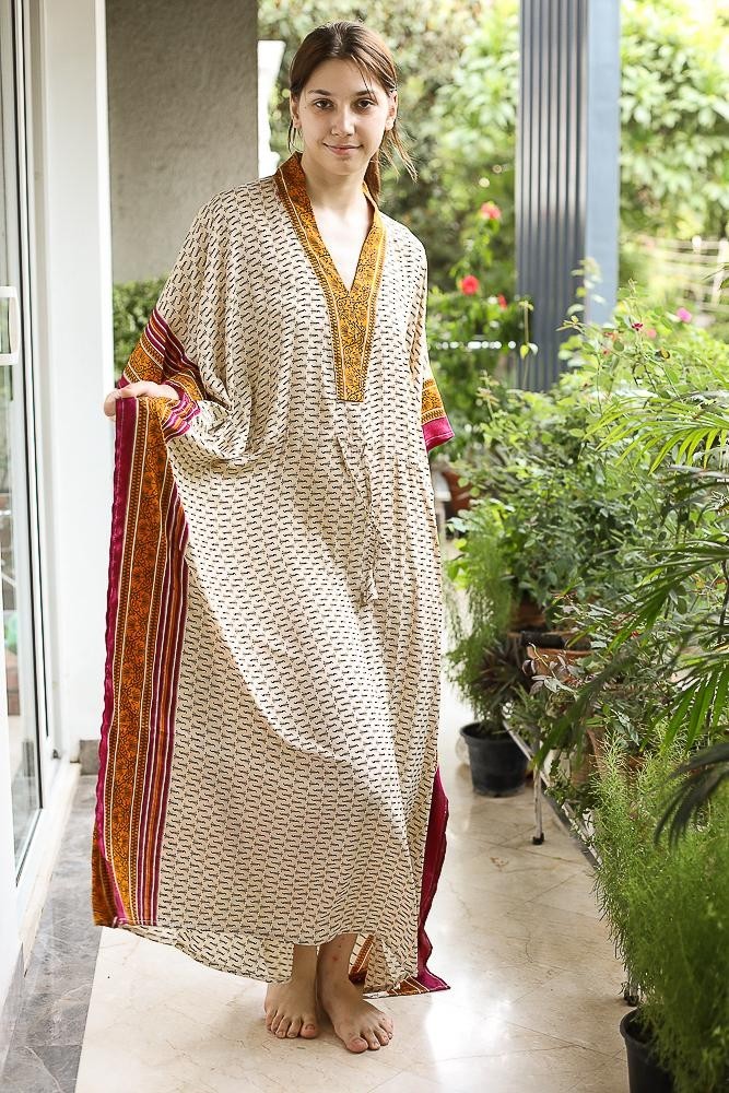 Silk Beige Kaftan / Handmade Flowy Maxi Dress / Resort Wear Outfit PS MFN1059