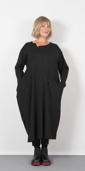 Moyuru Asymmetrical Drape Dress Womens Black Jersey Pocket Lagenlook Avant Large