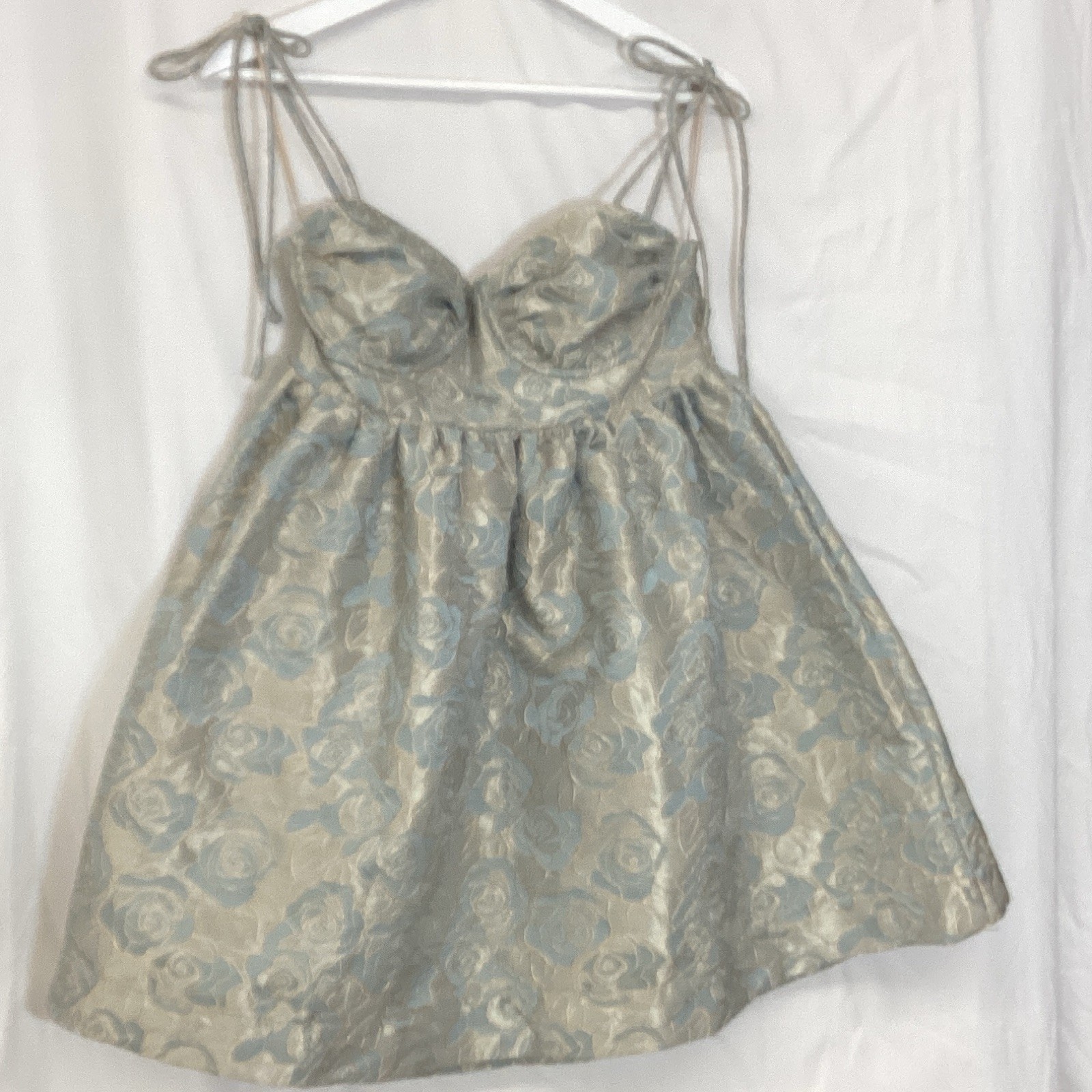 Jacquie the label Blue Gold Floral Jacquard Sweetheart Tie Strap Dress