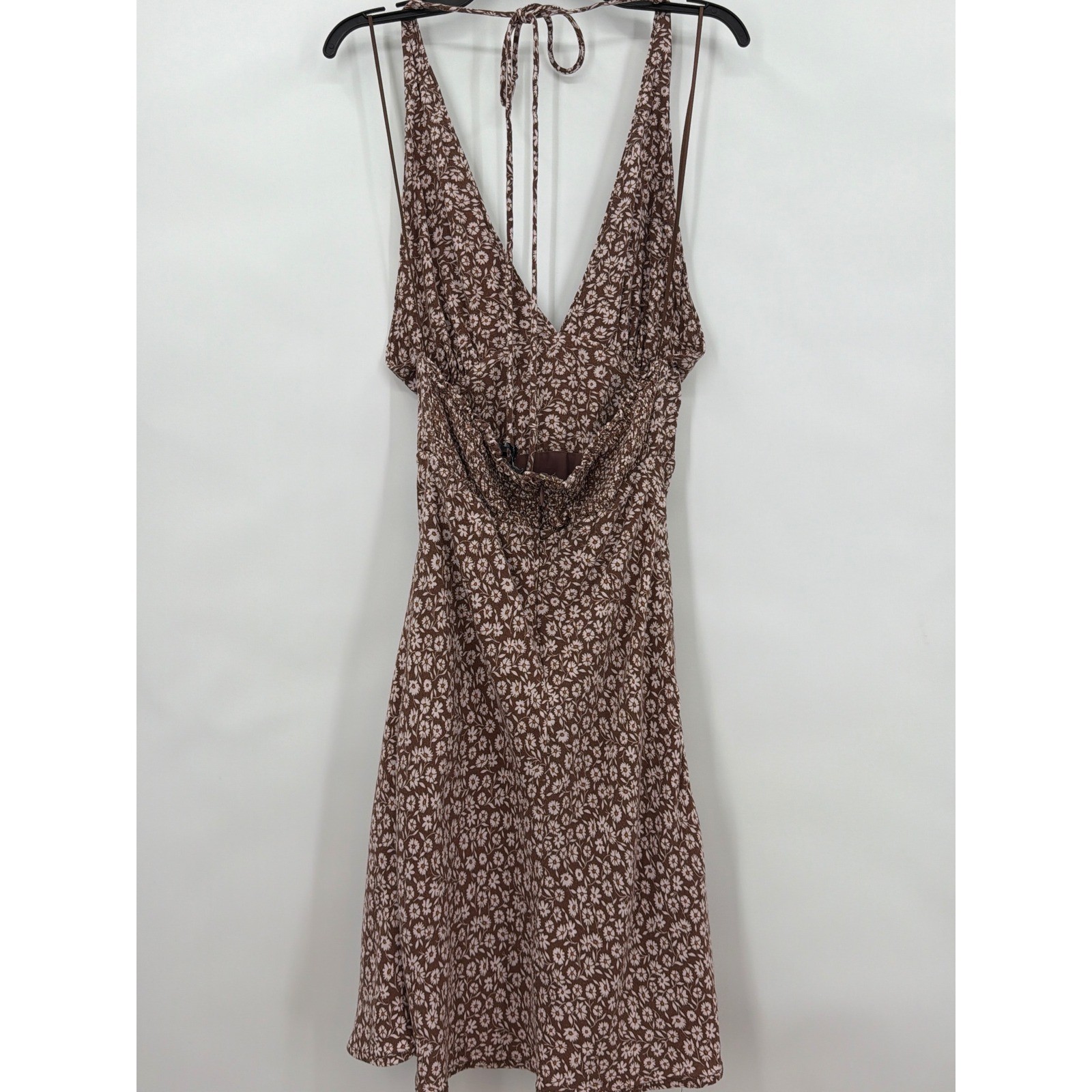 Cotton Candy LA Brown Floral Halter Mini Dress V-Neck Smocked Back Small