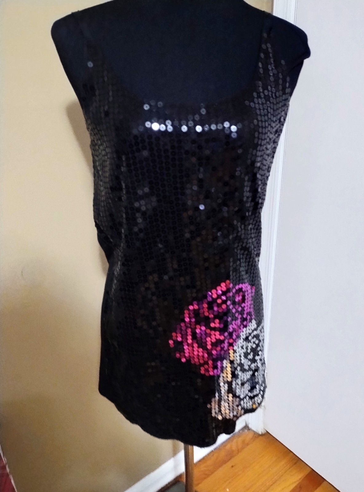 Party Evening Black, Pink and Silver Sequins Cocktail Mini Dress Women’s Sz L