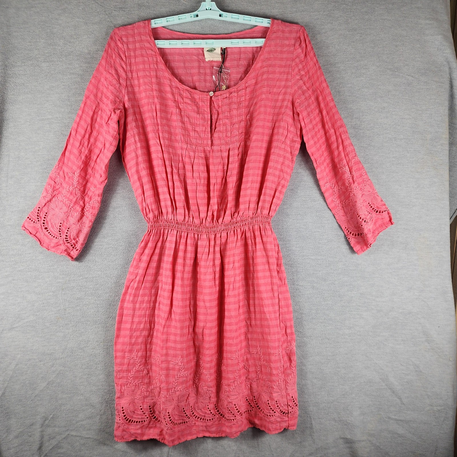 Boho Embroidered Dress Womens Large Pink Striped Smocked Waist 3/4 Bell Sleeve