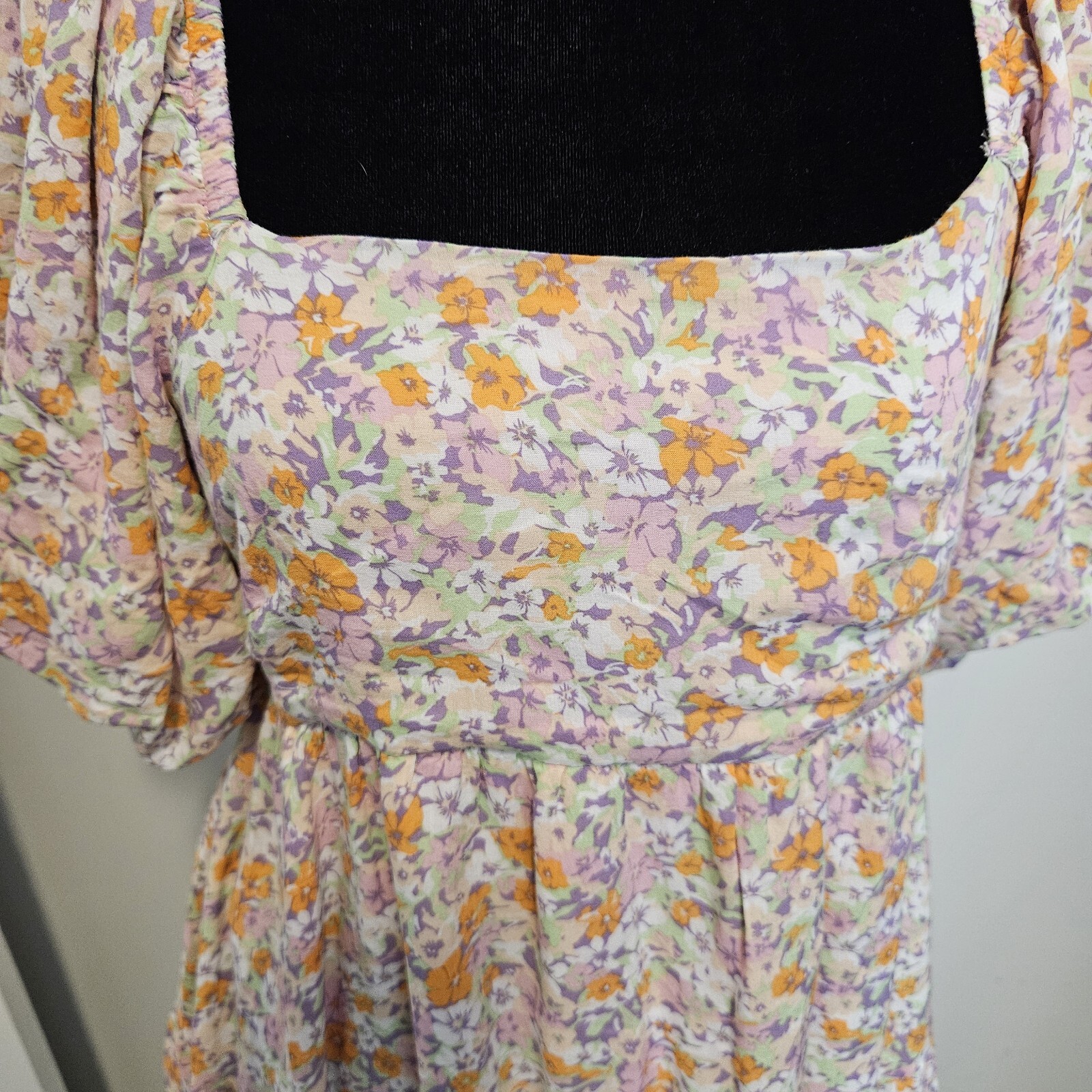 MINKPINK Versailles Puff Sleeves Square Neck Floral Pink Mini Dress Size Small
