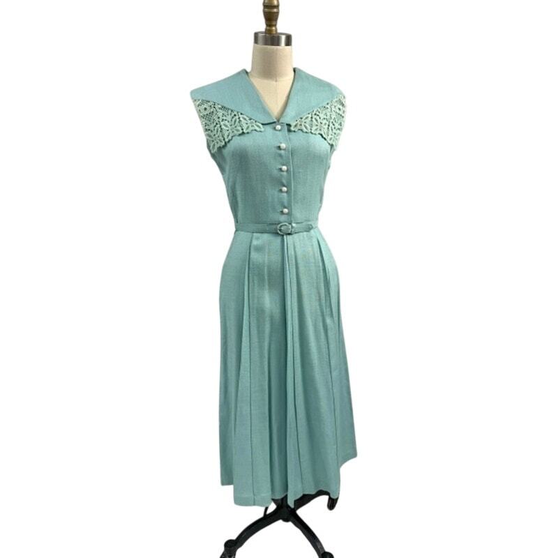 1940s 1950s VTG Aqua Blue Sleeveless Linen Day Dress Lace Collar Bob Low Sz S 6