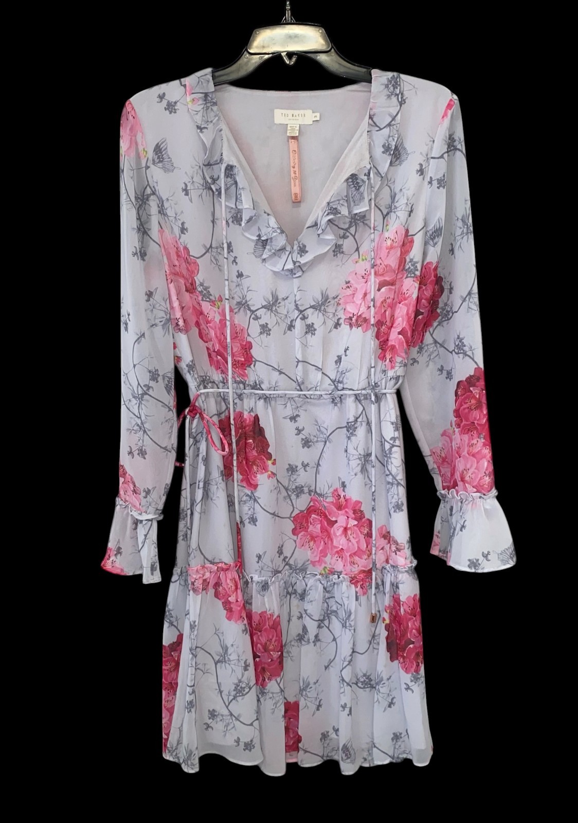 Ted Baker Women’s Sz 3 Light Blue/Grey Pink Floral Babylon Ruffle-Trimmed Dress