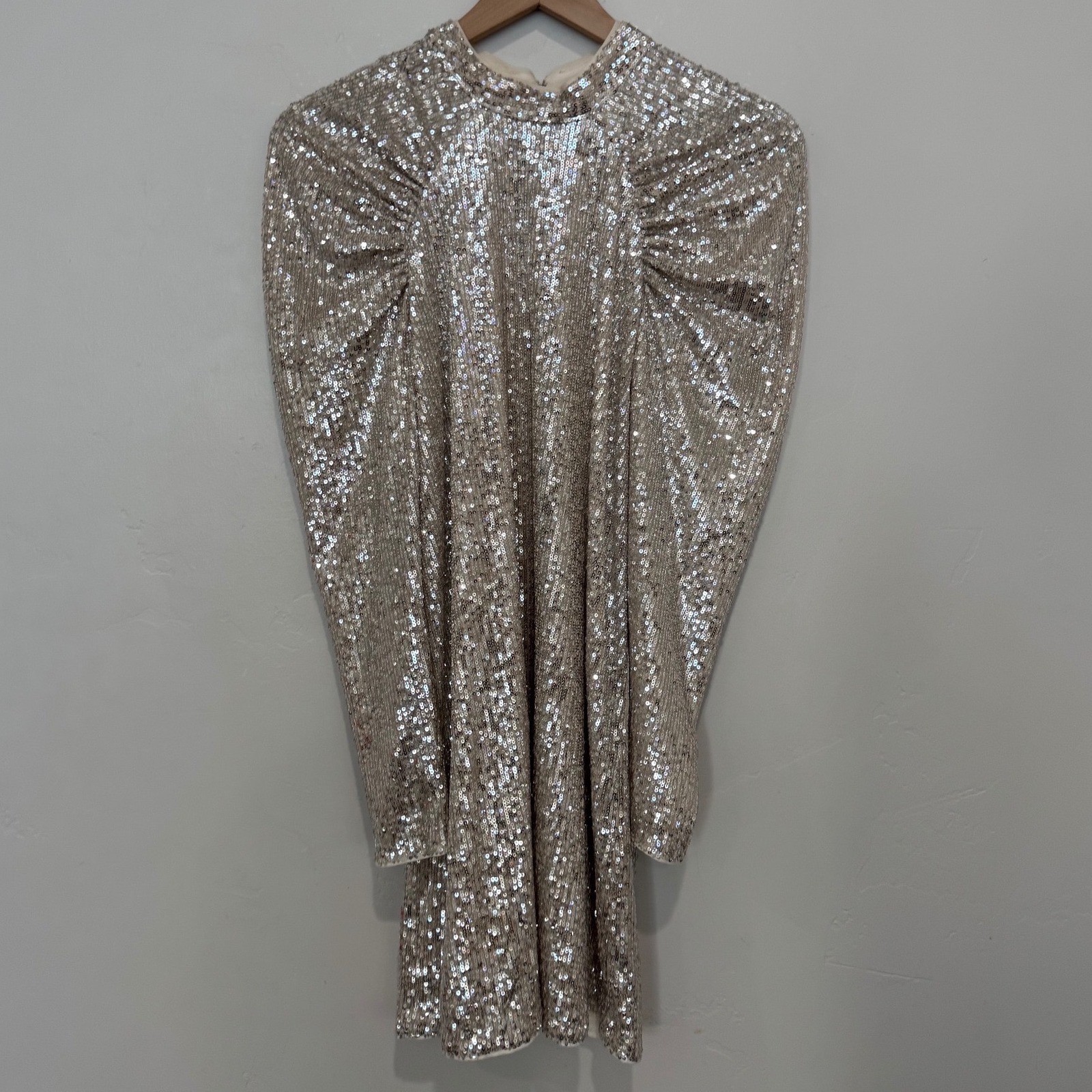 NWT H&M Champagne Sequin Puff Sleeve High Neck Mini Dress New S Holiday Formal