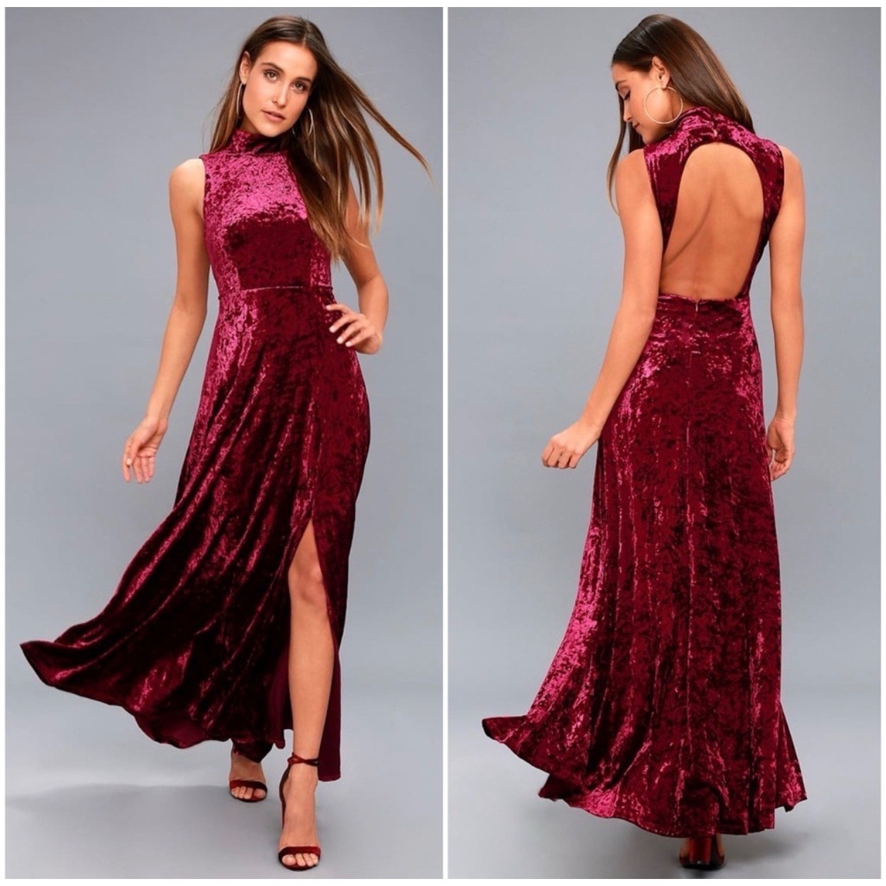 Lulus Size Large In The Louvre Open Back Maxi Dress Burgundy Crushed Velvet Slit