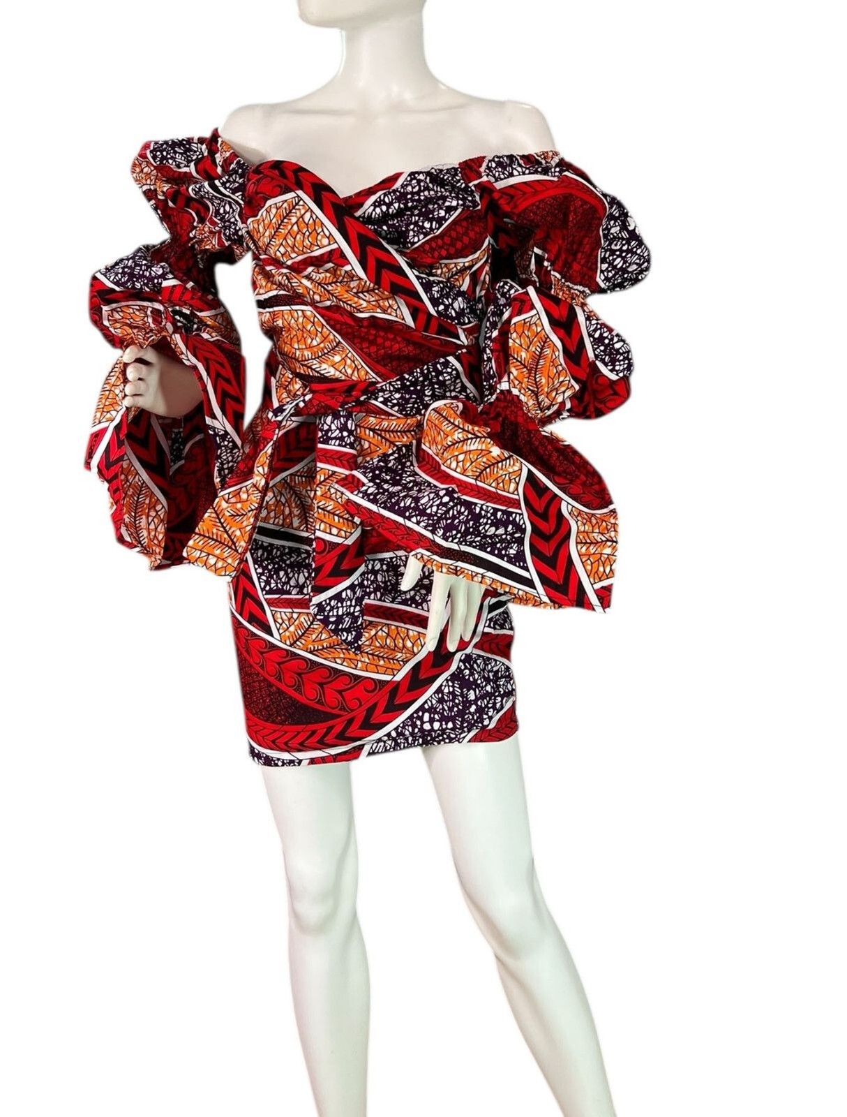 OFUURE Folabi African Print Off-shoulder Puffy Sleeve Mini Dress $90 Size XS
