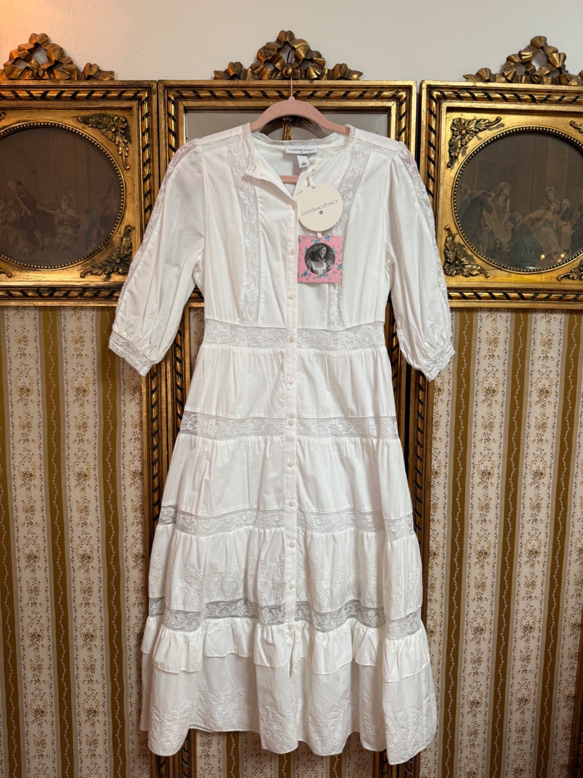 LoveShackFancy Target Phoebe Dress Cotton Lace Tiered Button Front Coquette NWT