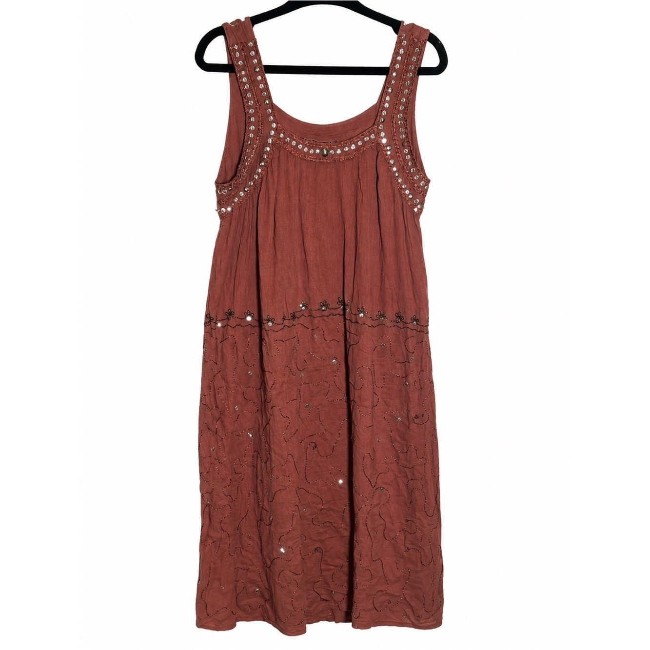 Cotton Embellished Dress Brown Sleeveless Midi Sequin Bead Festival Cottagecore