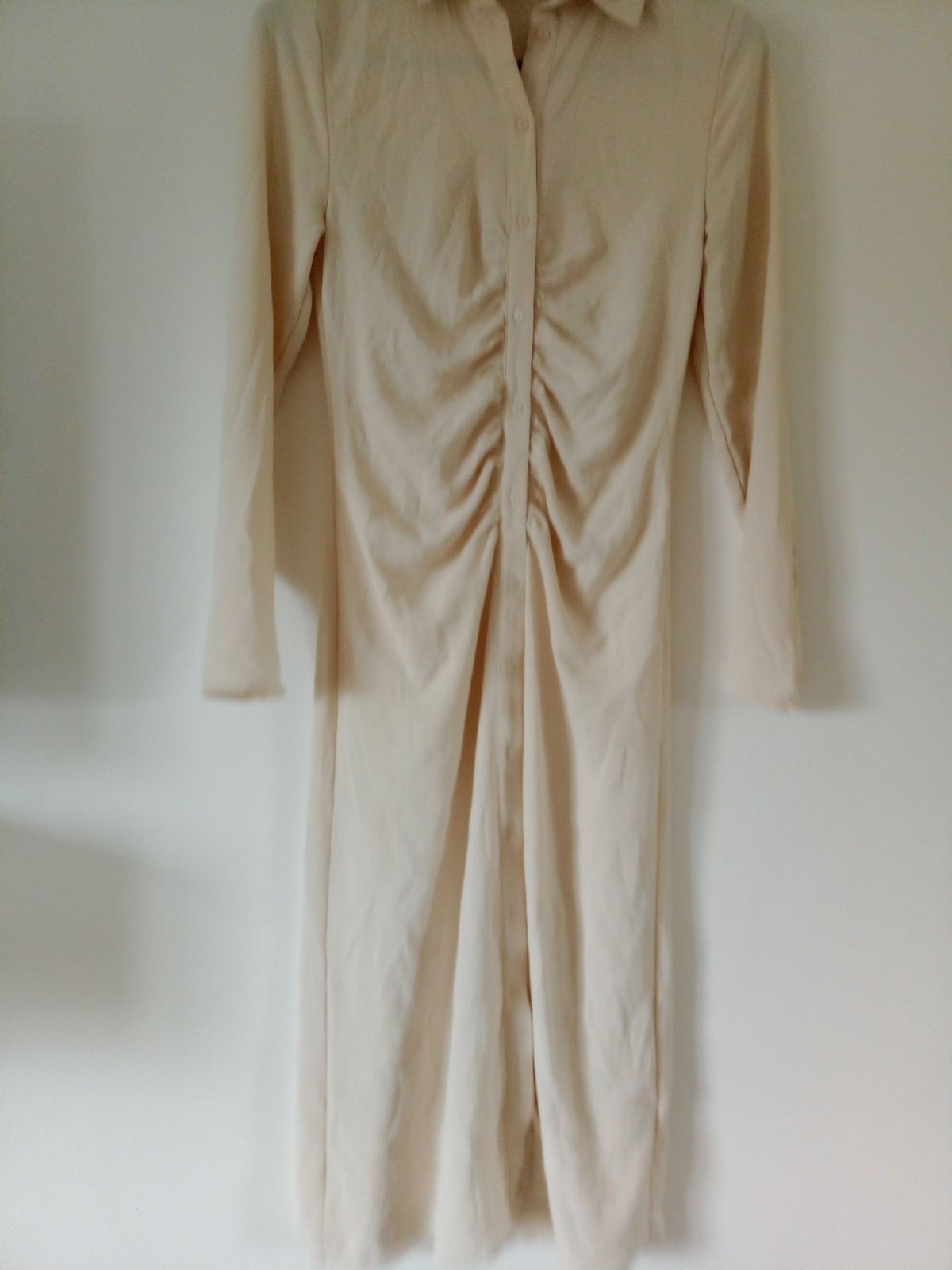 Stradivarius Cream Long Sleeve Collared Long Maxi Buttoned Shift Dress Size S