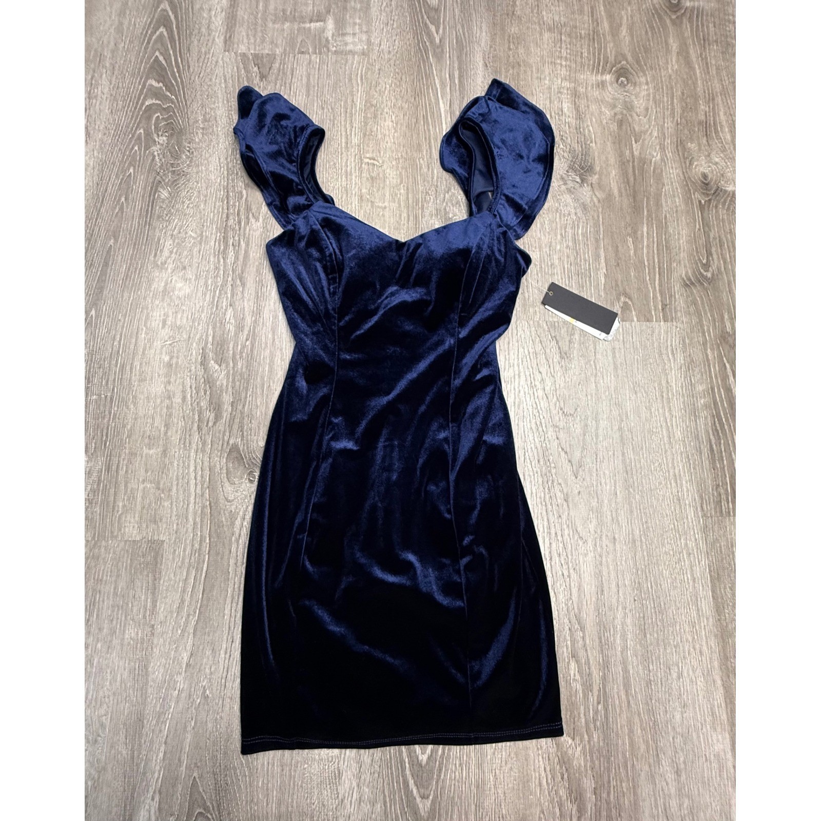 Navy Blue Velvet Ruffle Sleeve Lace Up Back Mini Dress by City Studio size 7