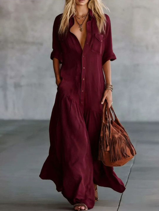 Women Boho Button Down Maxi Dress Loose Flowy Long Shirt Dress Pockets Tunic