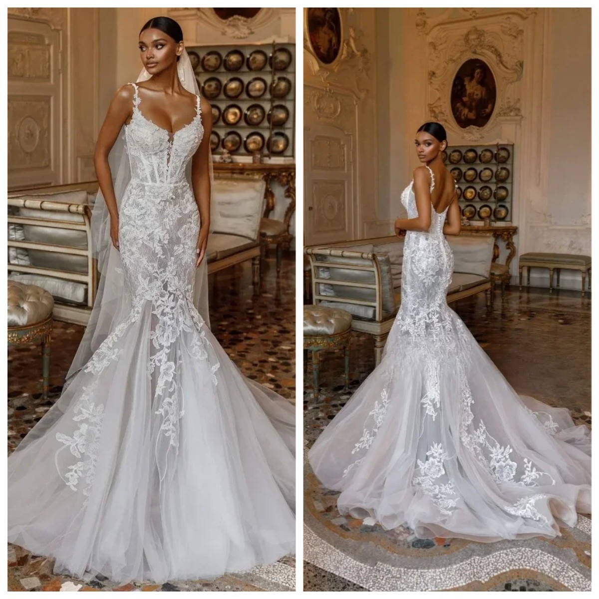 Round Neck Mermaid Wedding Dress Women’s Applique Corset Tulle Prom Bridal Gown