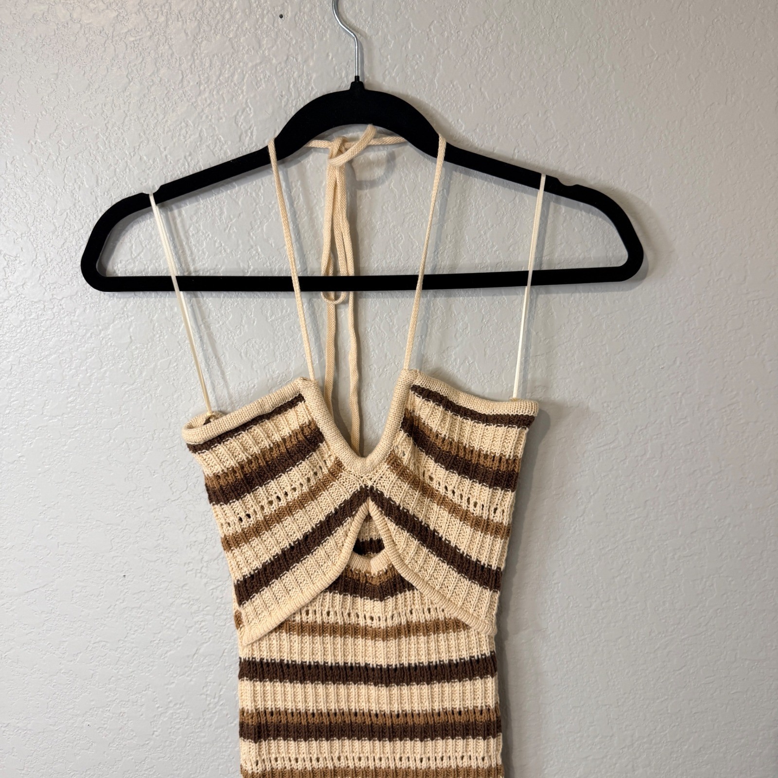 Et Clet Striped Crochet Knit Halter Neck Midi Dress Brown Beige Beach Coastal S