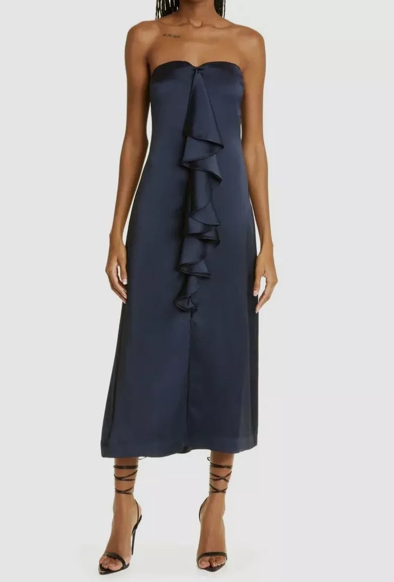 Ramy Brook Women’s Blue Satin Strapless Sweetheart Midi A-Line Dress Size 6