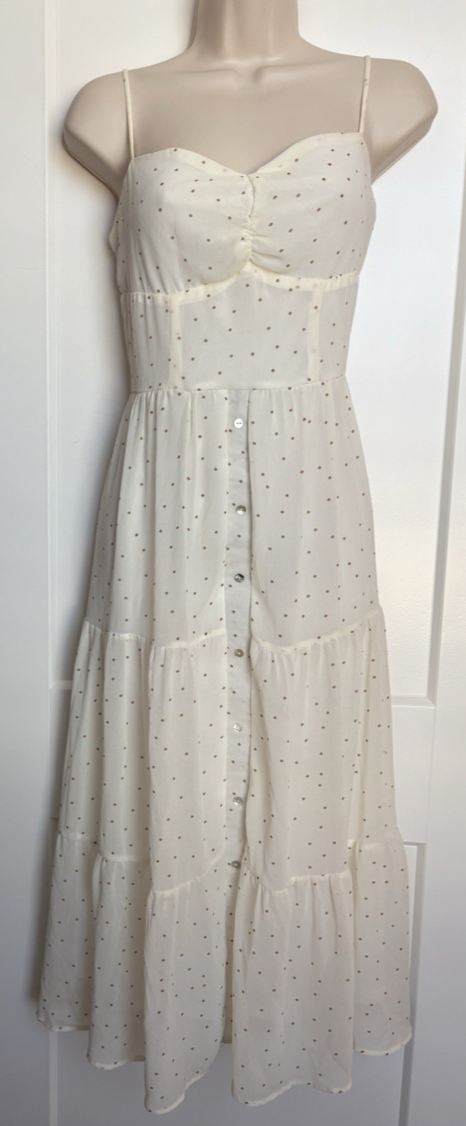 Altar’s States Tiered Maxi Dress M Off White Gold Polka Dots Lined Semi Sheer