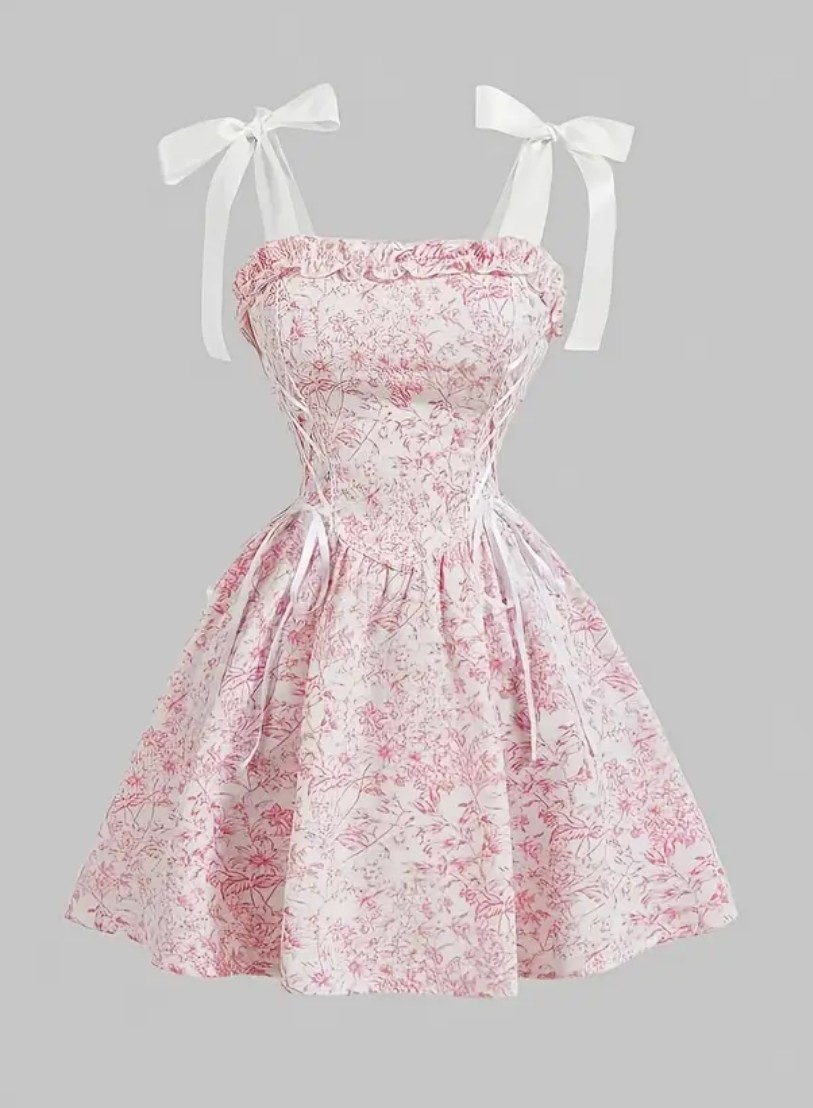 Retro Floral Print Sleeveless Dress with Bow Detail And Buckle Design