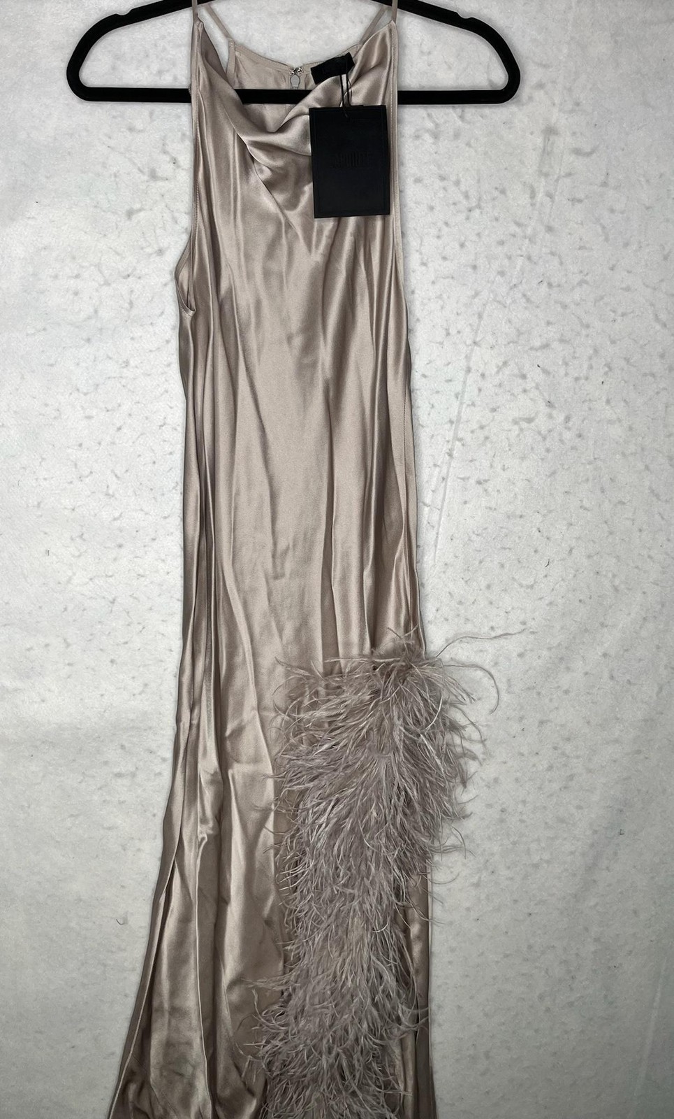 LAPOINTE Dress Womens 0 Silver Satin Cowl Neck Ostrich Feather Slip Maxi NEW