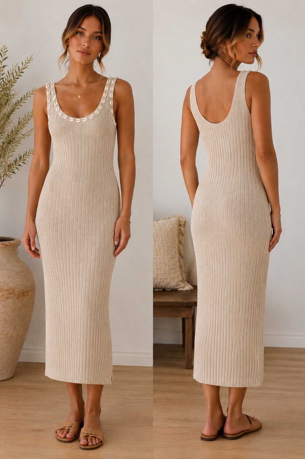 NWT Able Los Angeles Ribbed Knit Midi Dress Cowrie Shell Trim Beige Women’s M