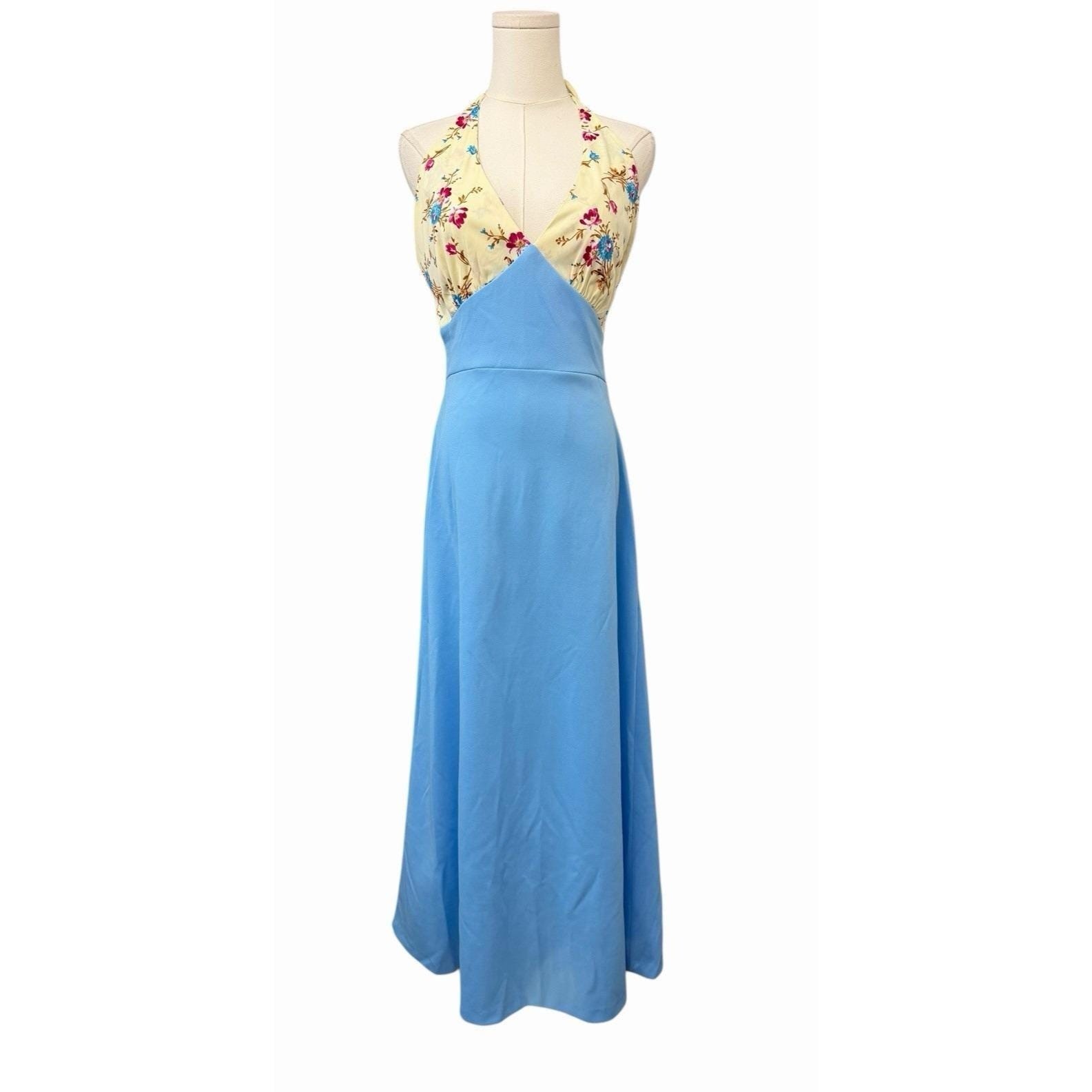 Vintage Halter Maxi Dress Jacket Set Blue Floral Formal Size 13 MCM 70s