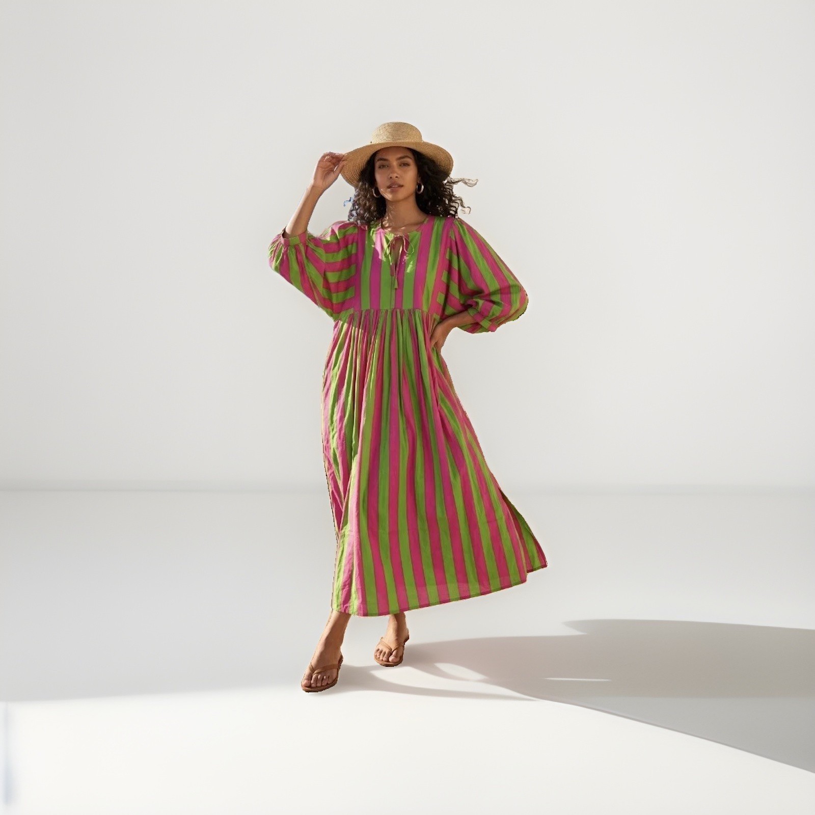 Pink Green Striped Cotton Maxi Dress, Boho Balloon Sleeve Dress, Super Cute Dres