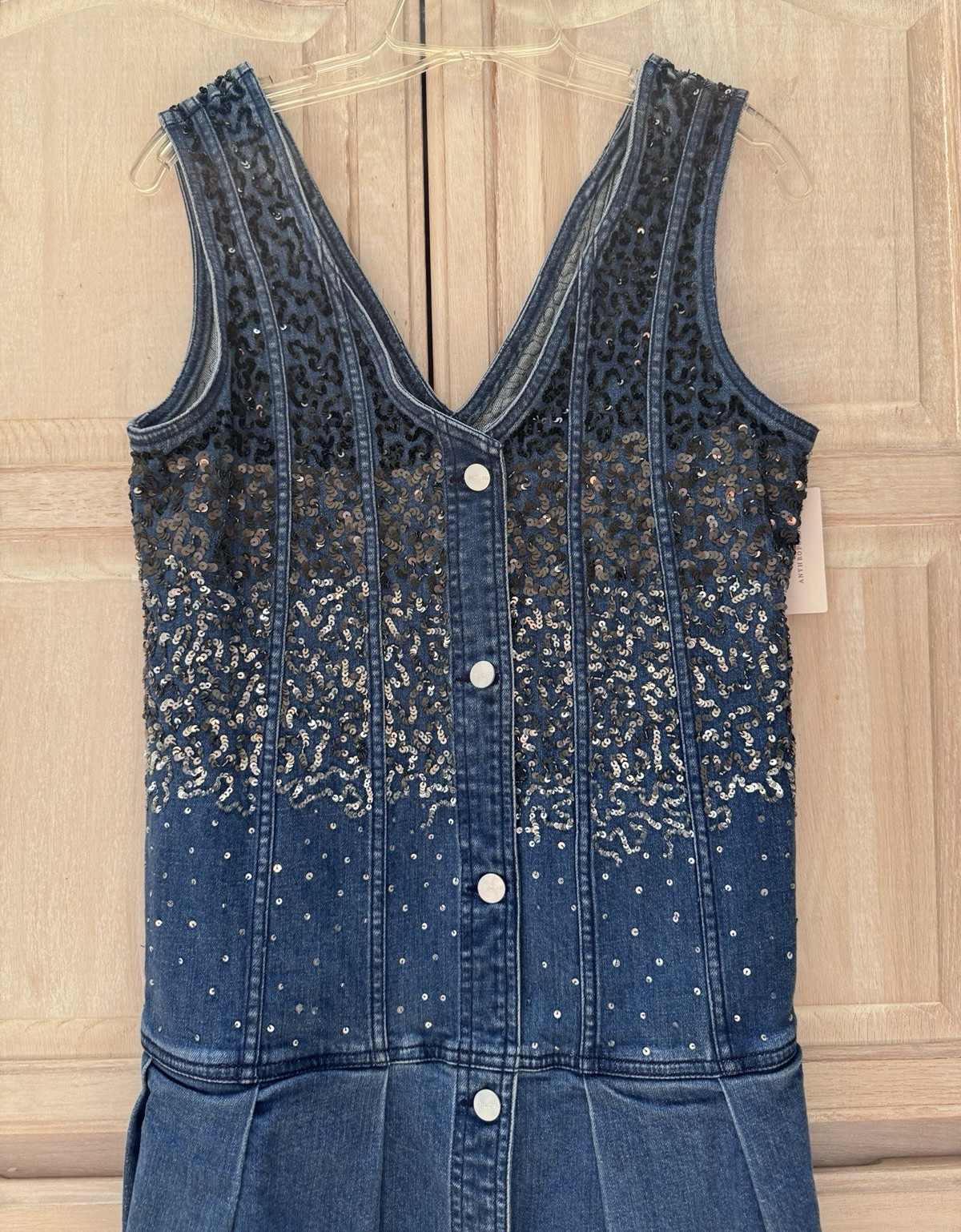 NWT Anthropologie Pilcro Sequin Sparkle Denim Button Front MinI Dress Size Small