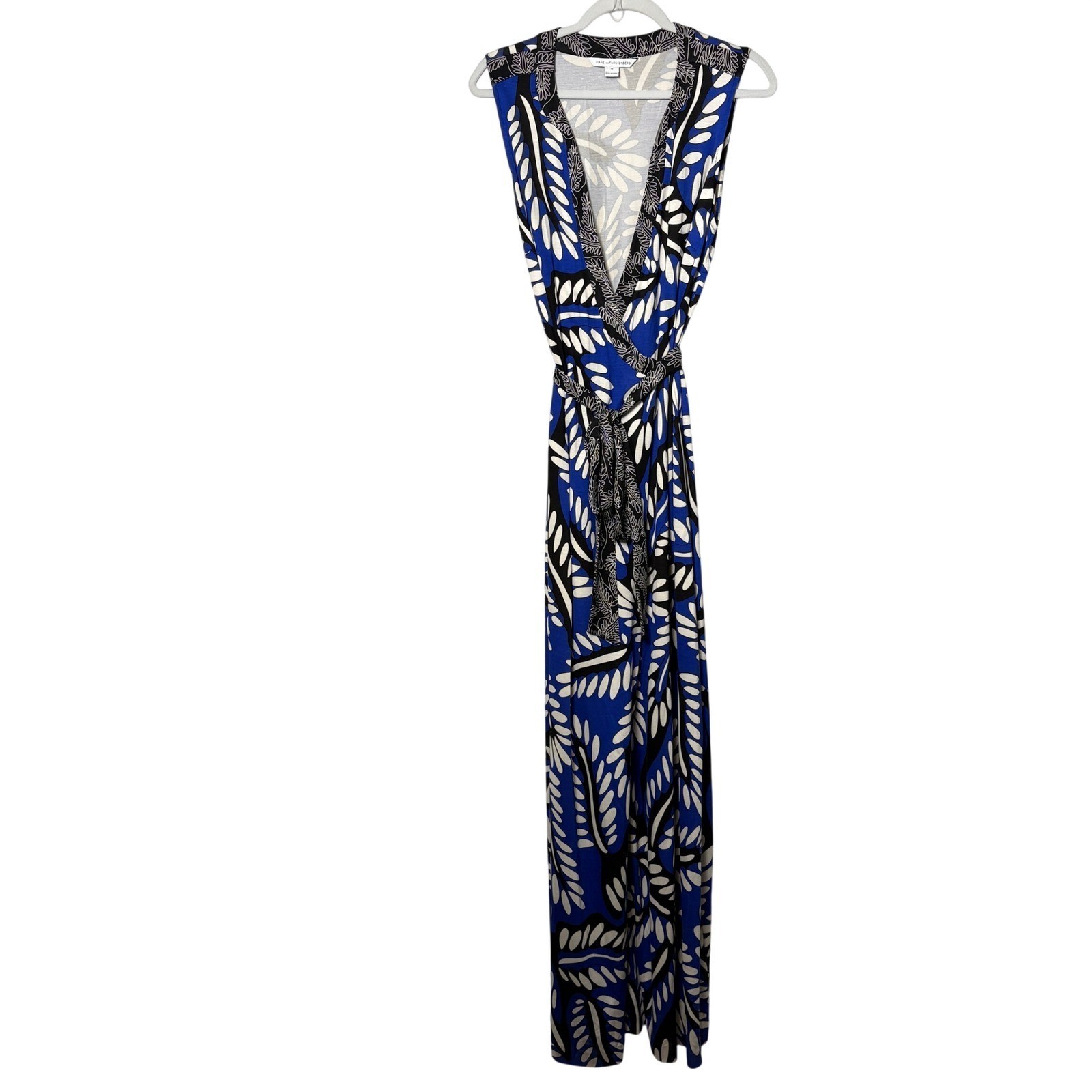 Diane Von Furstenberg DVF Orchid Maxi Dress Size 12 Blue White Silk Leaf Wrap
