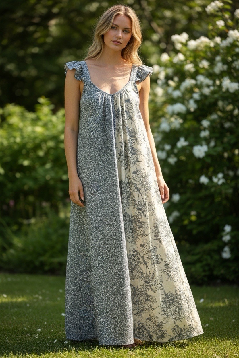 Band of Gypsies Coll. Blue/Grey Floral Maxi Dress Split Pattern M Flutter Sleeve