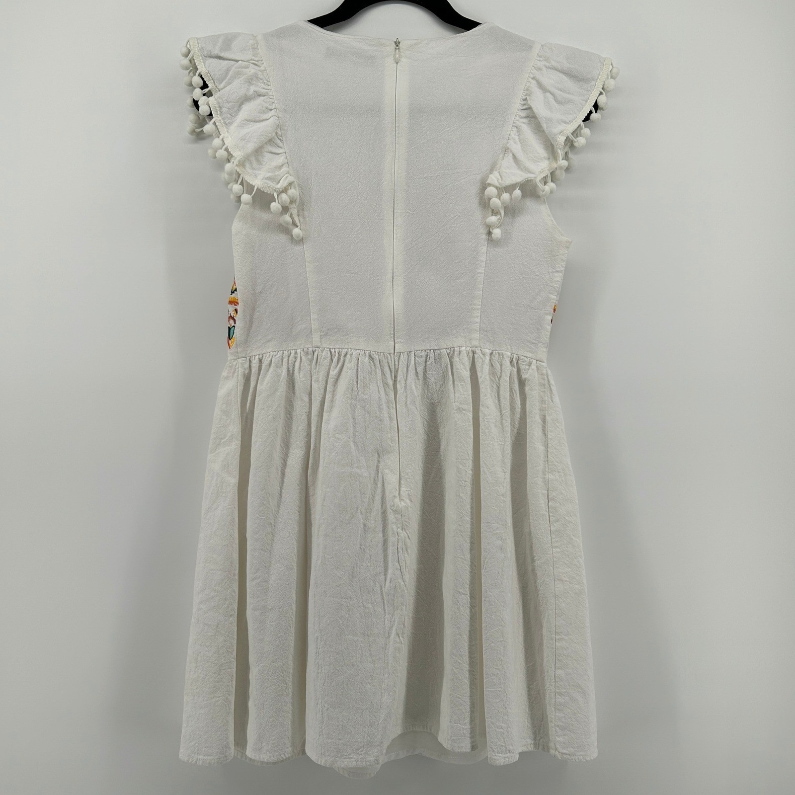 SHEIN White Colorful Embroidered Pom Pom Ruffle Mini Dress Cotton Med Boho Aztec