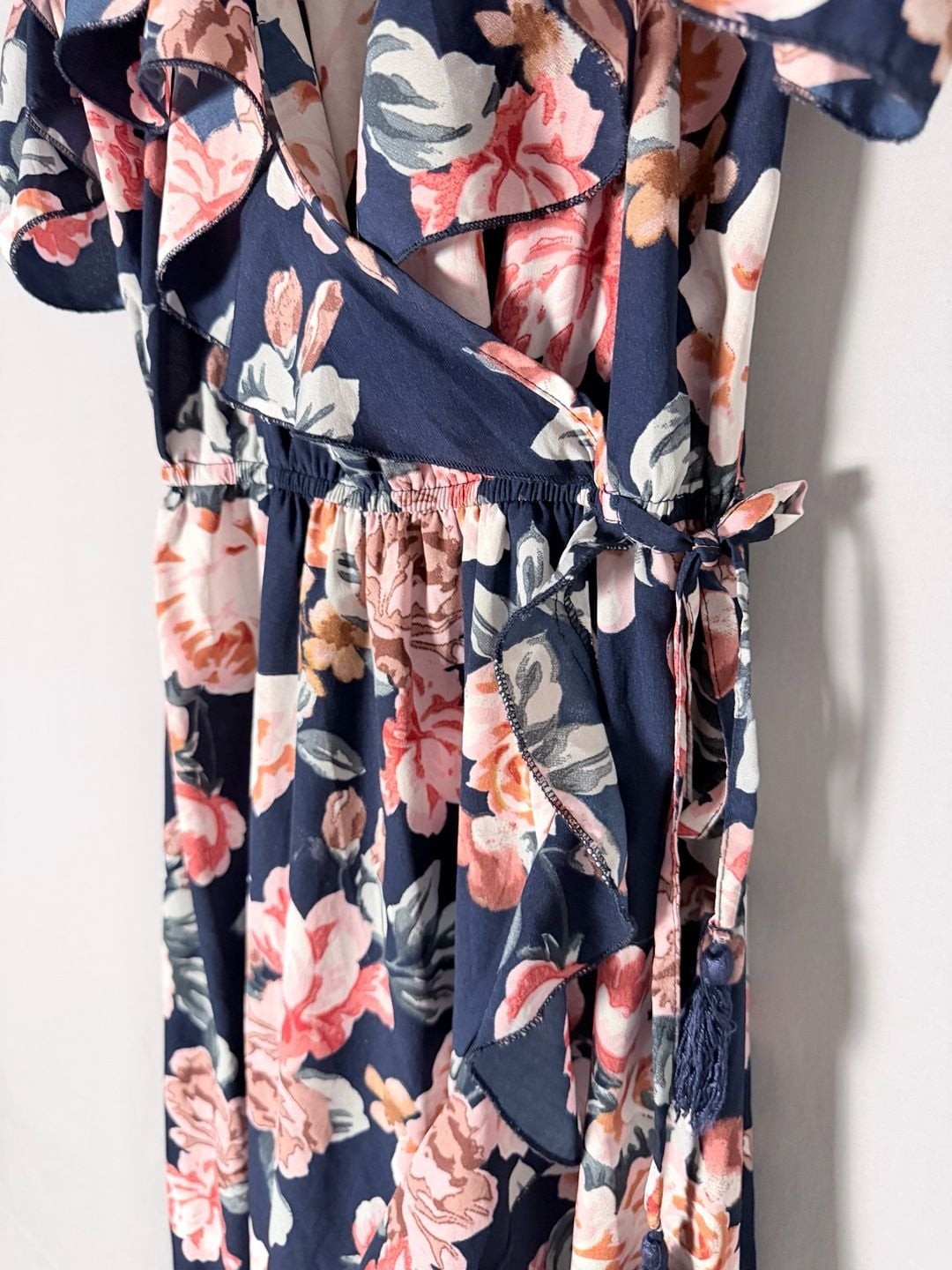 Blush Navy Floral Cold Shoulder Ruffle Trim Maxi Wrap Dress with Tassel Detail