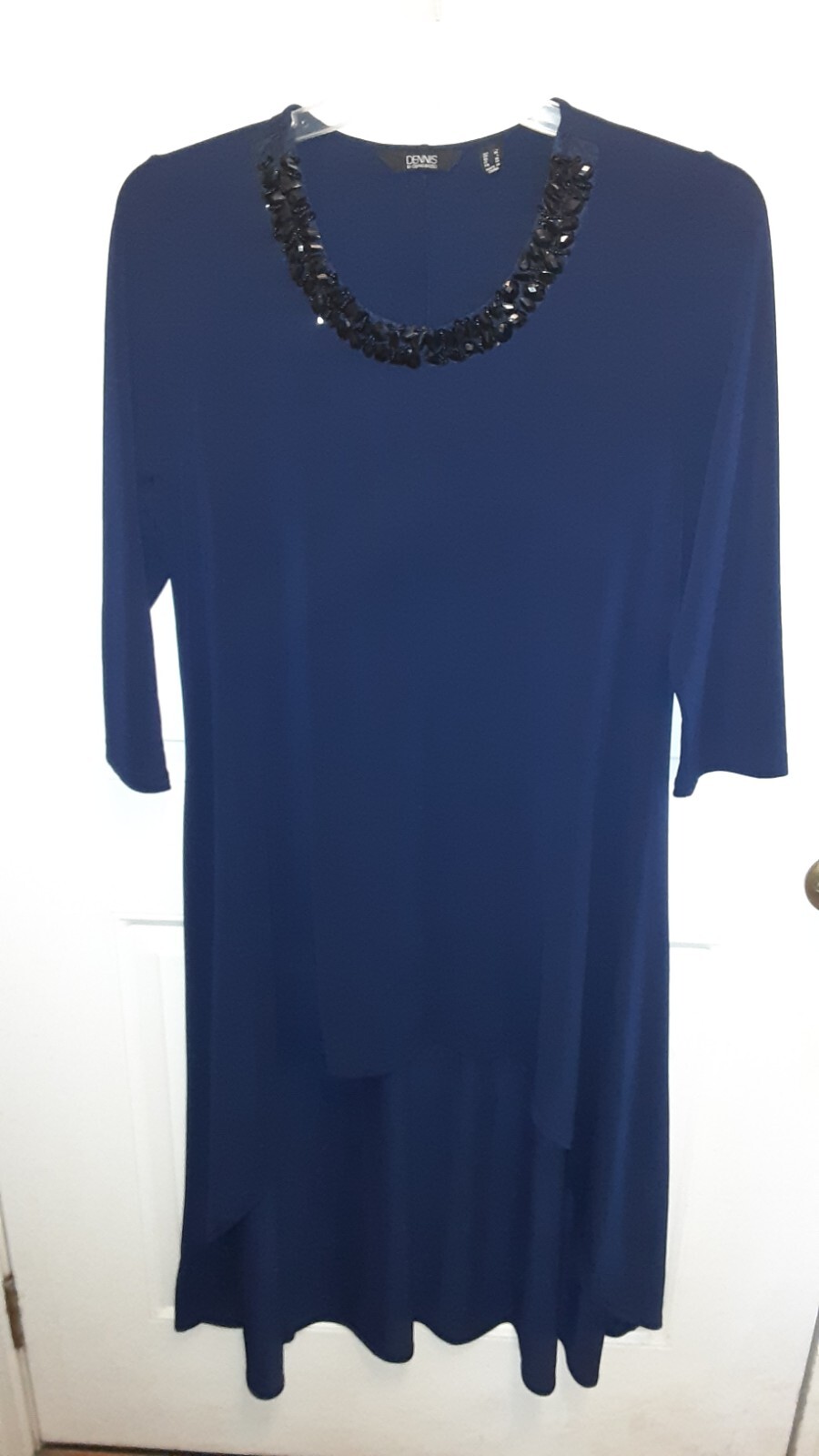Dennis By Dennis Basso Navy Embellished Hi-low Long Sleeve Dress Size Large