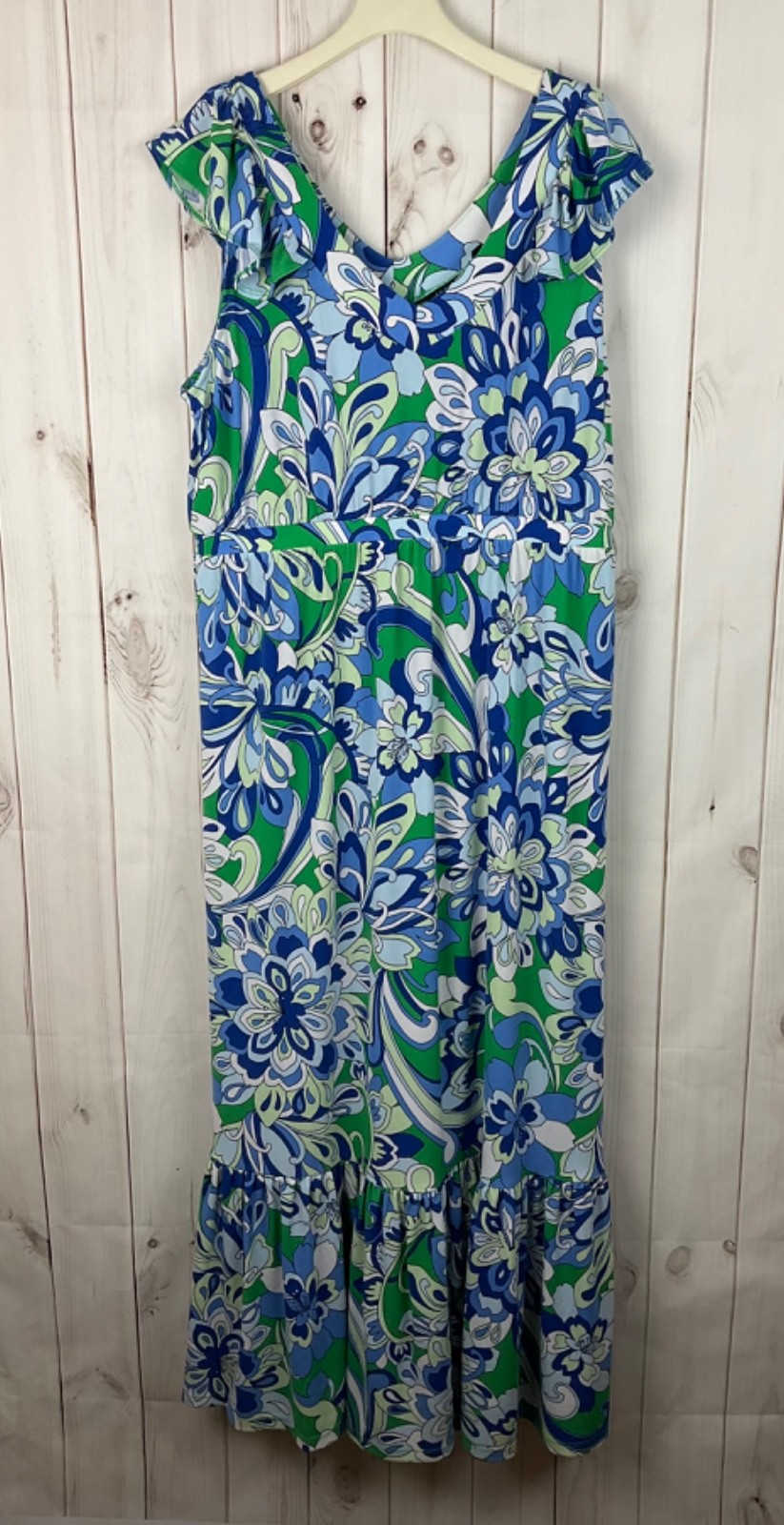 IMAN Women’s Maxi Dress Women’s Size XL Blue Green Floral Tiered V-Neck Stretch