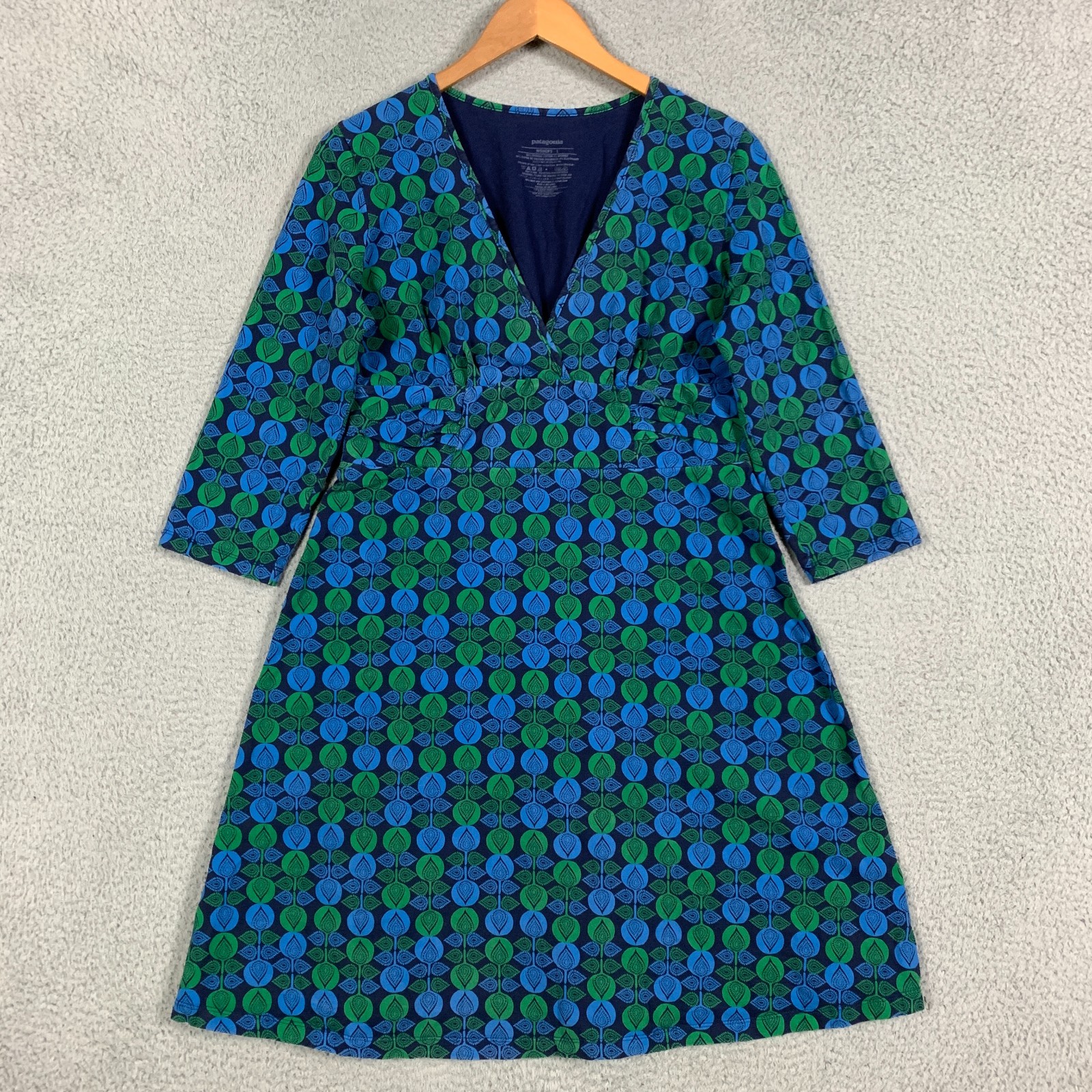 Patagonia Margot Dress Sz Large Bijou Dot Tumble Green 3/4-Sleeve Organic Cotton