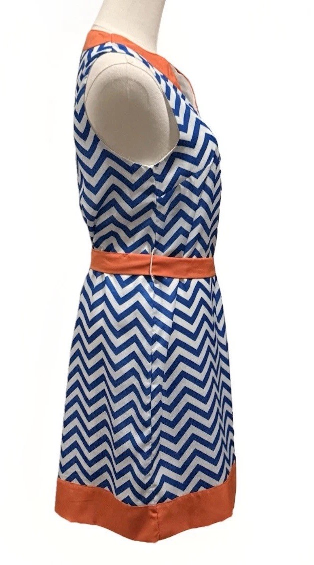 Women’s Mud Pie Blue Chevron/Orange Trim Print V-neck Belted Cool Shift Dress M