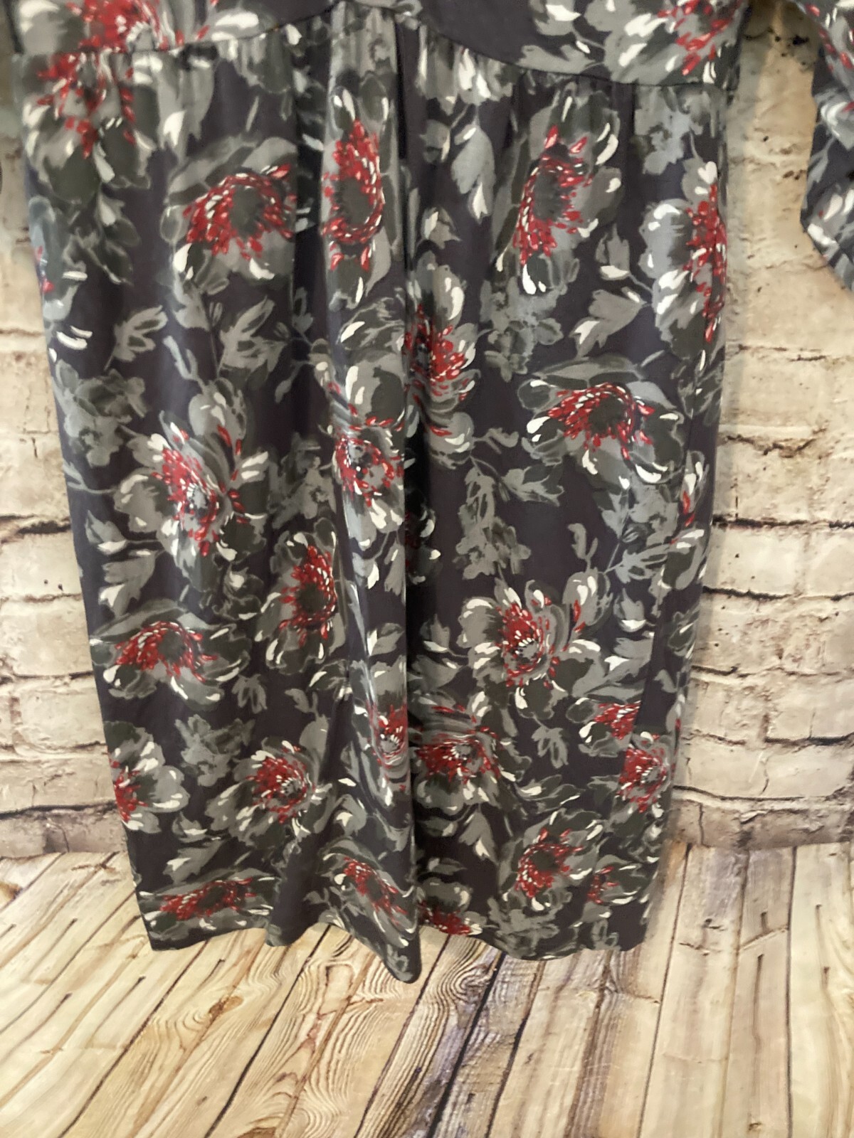 Garnet Hill Dress Womens Small Gray Floral A Line Midi Stretch Kimono Sleeve
