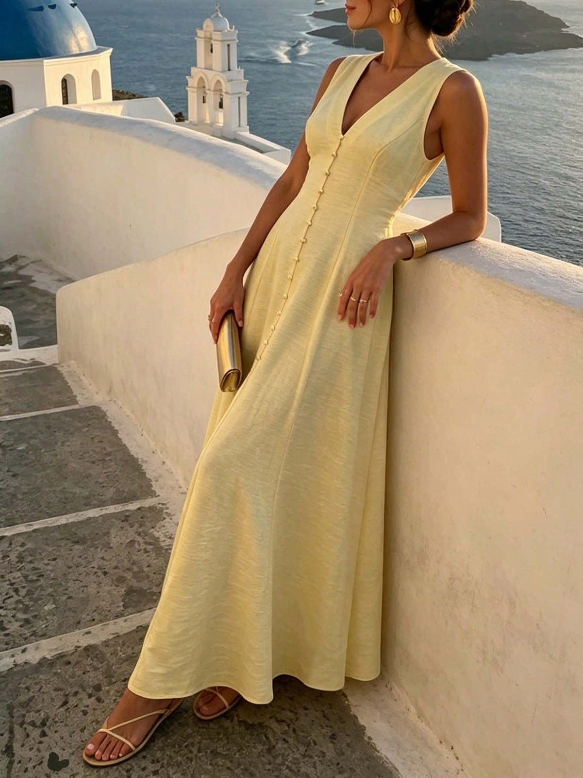 Elegant Ladies Pale Yellow V Neck Maxi Dress