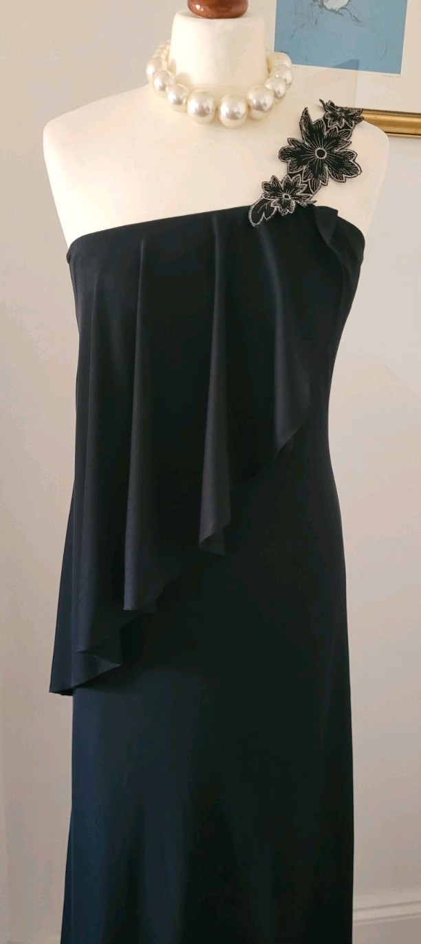 CLAUDIE AMOS Vintage Black One Shoulder Floral Applique Dress UK8 Made In UK