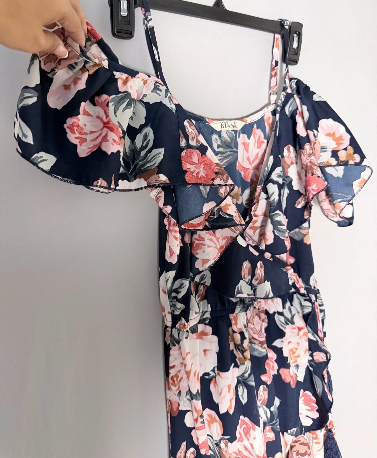 Blush Navy Floral Cold Shoulder Ruffle Trim Maxi Wrap Dress with Tassel Detail