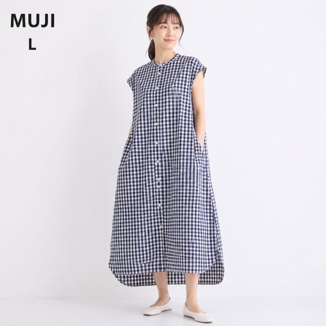 MUJI Gingham Check Dress L Black White A Line with Pockets