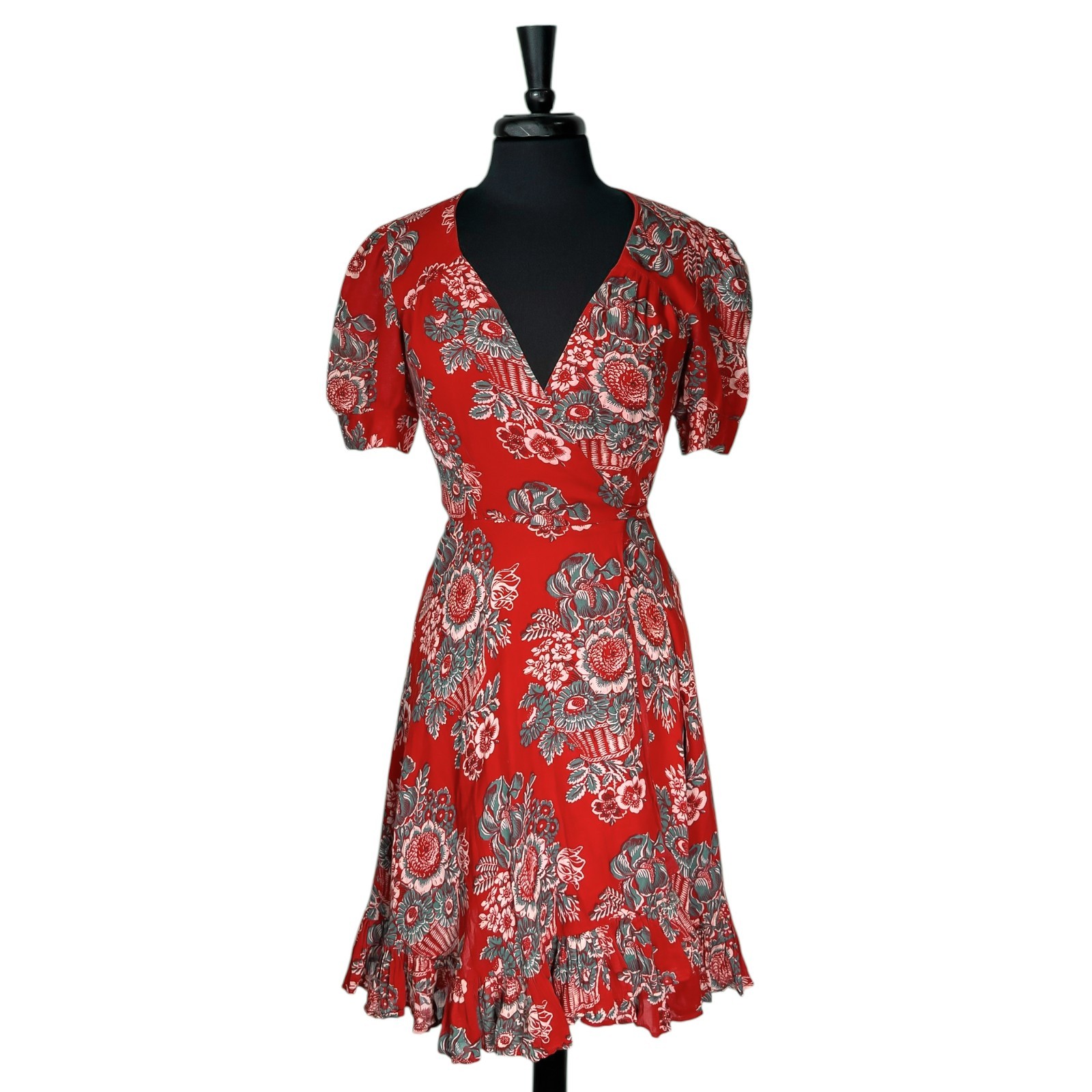 Denim & Supply Ralph Lauren Womens M Red Floral Wrap Dress Cotton Boho Ruffle