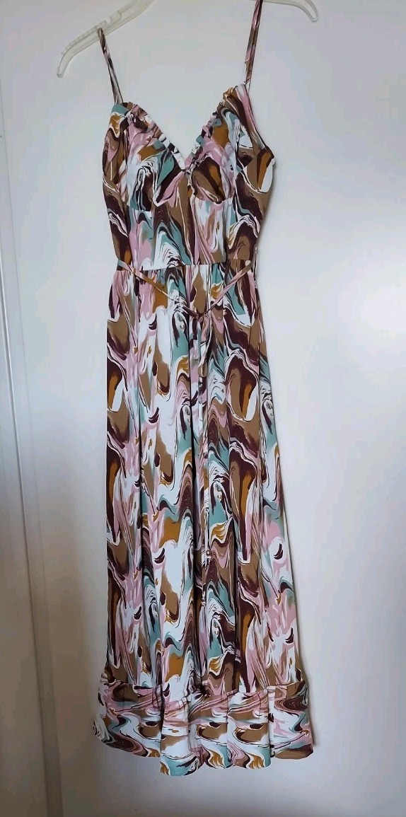 COMMENSE M Multicolor Abstract V-Neck Midi Dress Ruffle Adjustable Straps