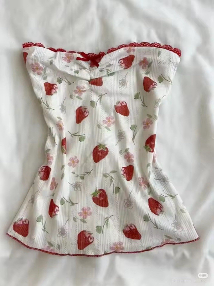 Cute White Strawberry Off Shoulder Top Dress 90’s For Women