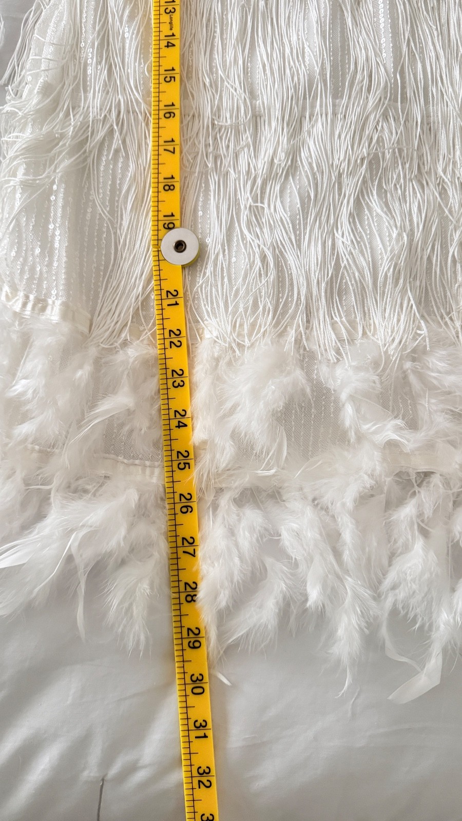 White Ivory Fringe & Feather Trim Mini Dress Size L Sequin Party Bachelorette NY