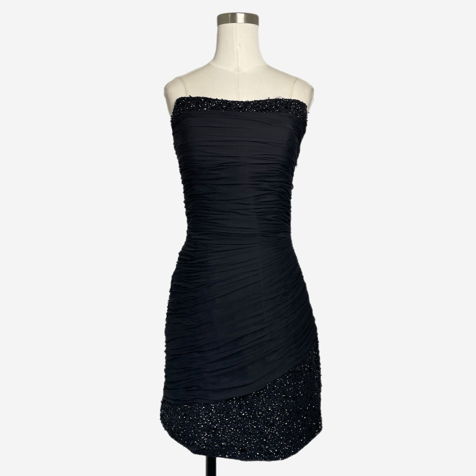 Basix II Black ruched pleated silk sequin beaded strapless mini dress formal S